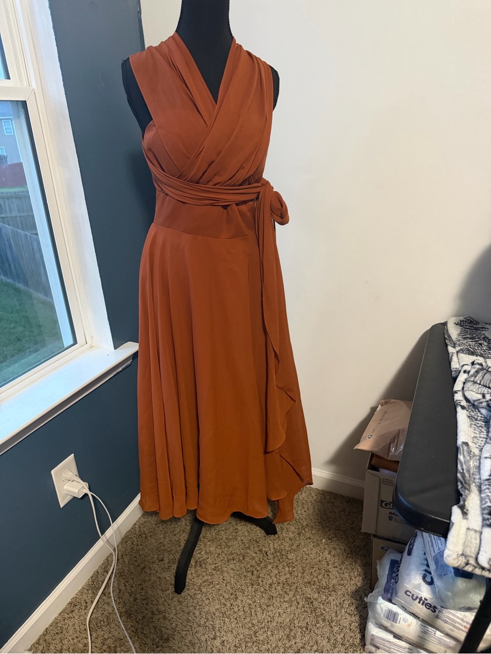 Sleeveless Wrap Maxi Dress in Warm Rust with Waist Tie